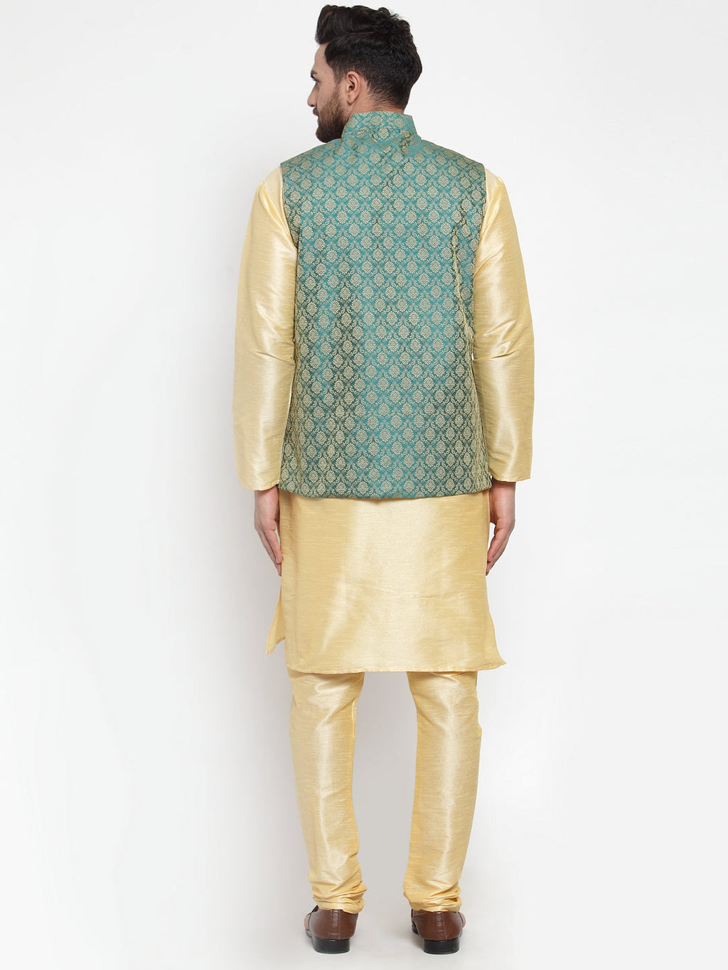 Jompers Men's Solid Dupion Kurta Pajama with Woven Jacquard Waistcoat (Green) | Grocsy