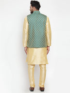 Jompers Men's Solid Dupion Kurta Pajama with Woven Jacquard Waistcoat (Green) | Grocsy
