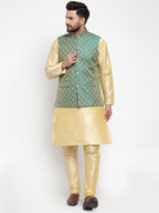 Jompers Men's Solid Dupion Kurta Pajama with Woven Jacquard Waistcoat (Green) | Grocsy
