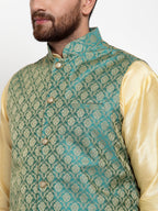 Jompers Men's Solid Dupion Kurta Pajama with Woven Jacquard Waistcoat (Green) | Grocsy