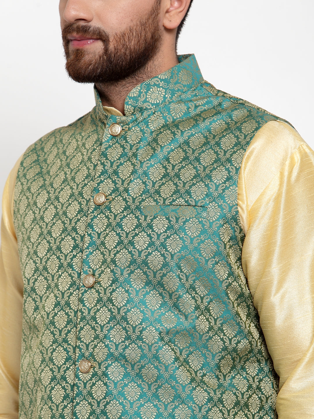 Jompers Men's Solid Dupion Kurta Pajama with Woven Jacquard Waistcoat (Green) | Grocsy