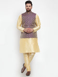 Jompers Men Solid Dupion Kurta Pajama with Woven Jacquard Waistcoat (Purple) | Grocsy