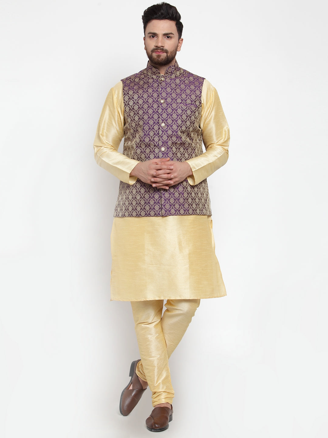Jompers Men Solid Dupion Kurta Pajama with Woven Jacquard Waistcoat (Purple) | Grocsy