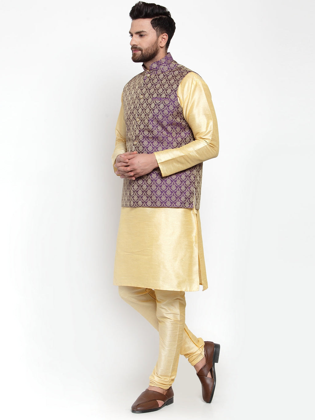 Jompers Men Solid Dupion Kurta Pajama with Woven Jacquard Waistcoat (Purple) | Grocsy
