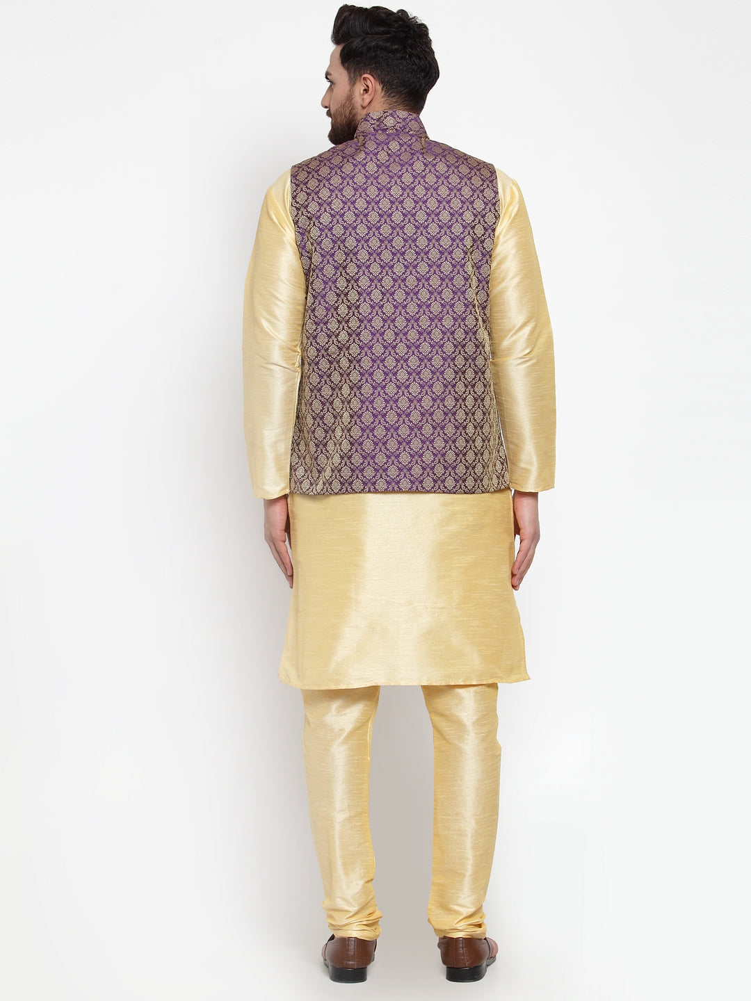 Jompers Men Solid Dupion Kurta Pajama with Woven Jacquard Waistcoat (Purple) | Grocsy