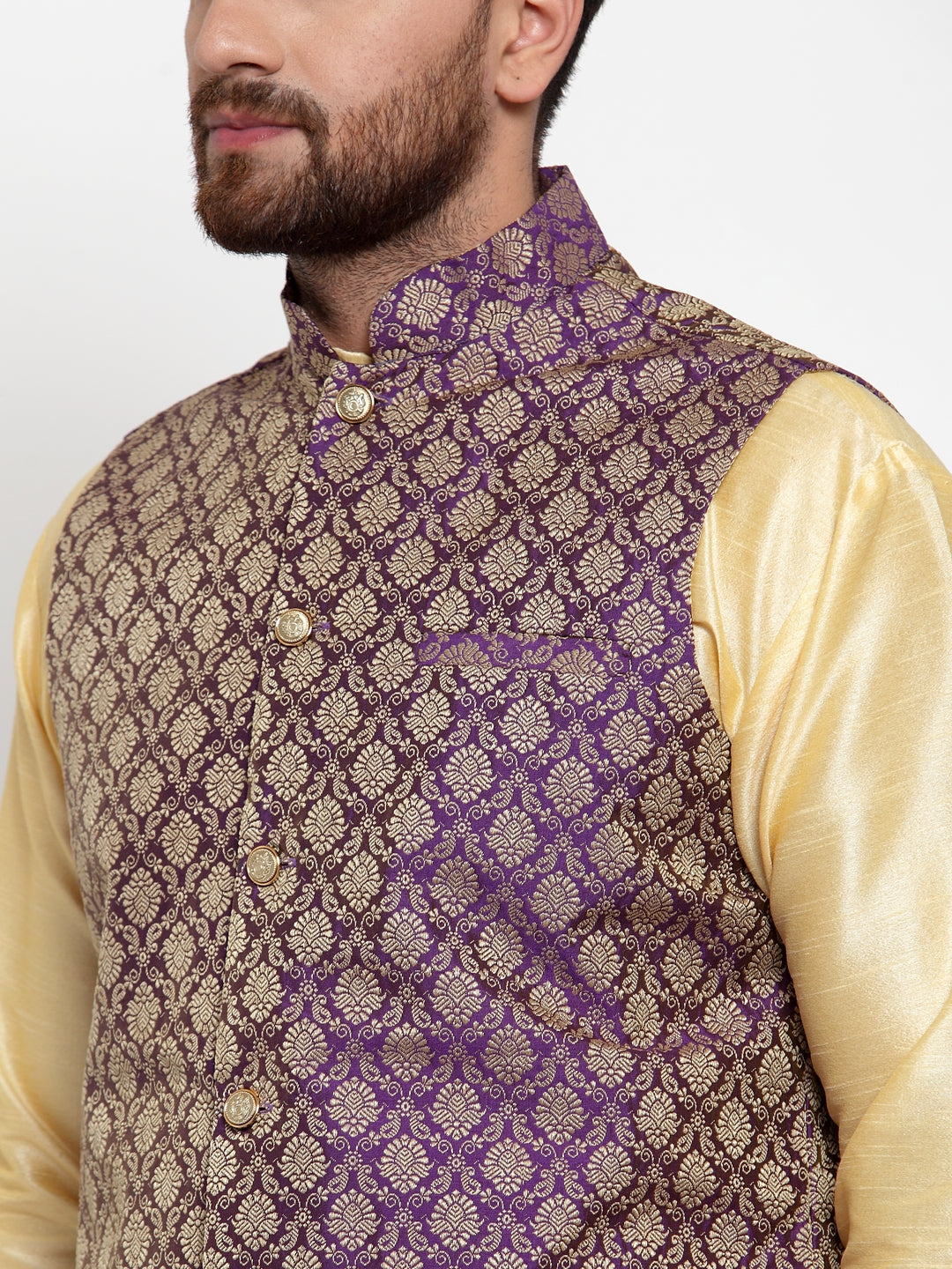 Jompers Men Solid Dupion Kurta Pajama with Woven Jacquard Waistcoat (Purple) | Grocsy