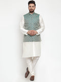 Jompers Men Solid Dupion Kurta Pajama with Woven Jacquard Waistcoat (Green) | Grocsy