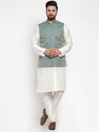 Jompers Men Solid Dupion Kurta Pajama with Woven Jacquard Waistcoat (Green) | Grocsy