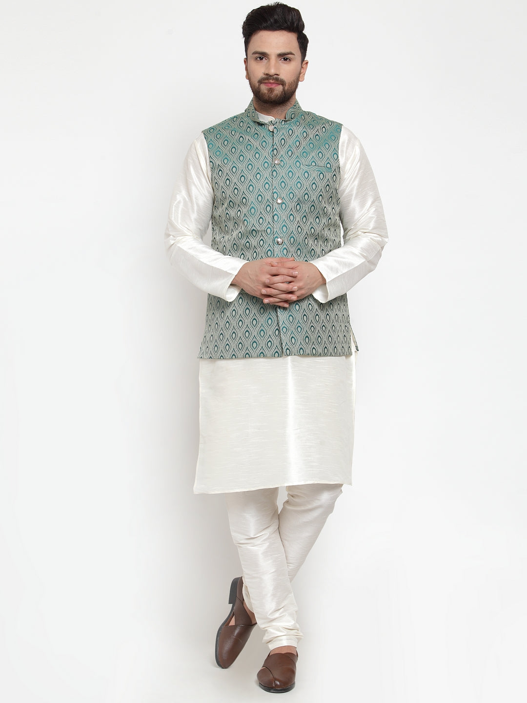 Jompers Men Solid Dupion Kurta Pajama with Woven Jacquard Waistcoat (Green) | Grocsy