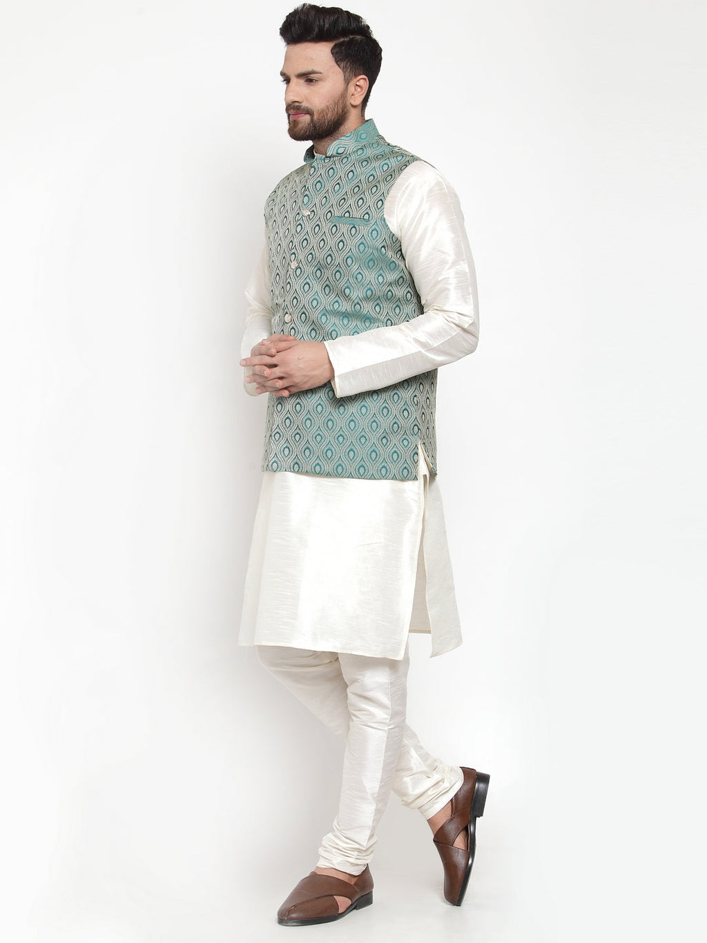 Jompers Men Solid Dupion Kurta Pajama with Woven Jacquard Waistcoat (Green) | Grocsy