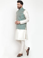 Jompers Men Solid Dupion Kurta Pajama with Woven Jacquard Waistcoat (Green) | Grocsy