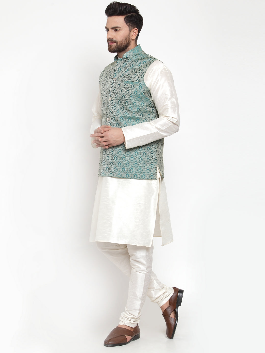 Jompers Men Solid Dupion Kurta Pajama with Woven Jacquard Waistcoat (Green) | Grocsy