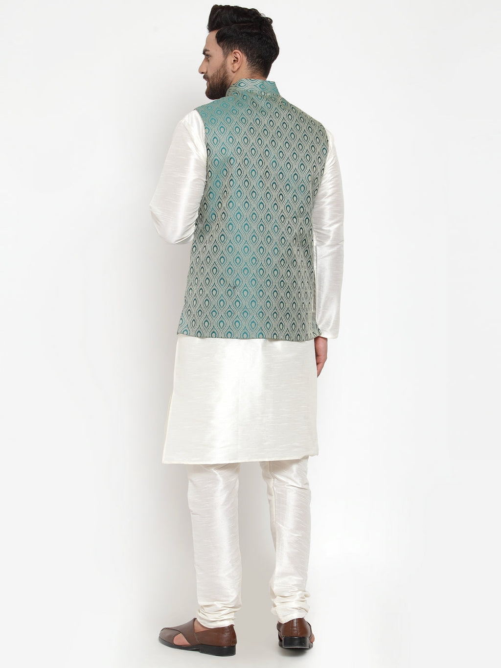 Jompers Men Solid Dupion Kurta Pajama with Woven Jacquard Waistcoat (Green) | Grocsy