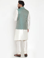 Jompers Men Solid Dupion Kurta Pajama with Woven Jacquard Waistcoat (Green) | Grocsy