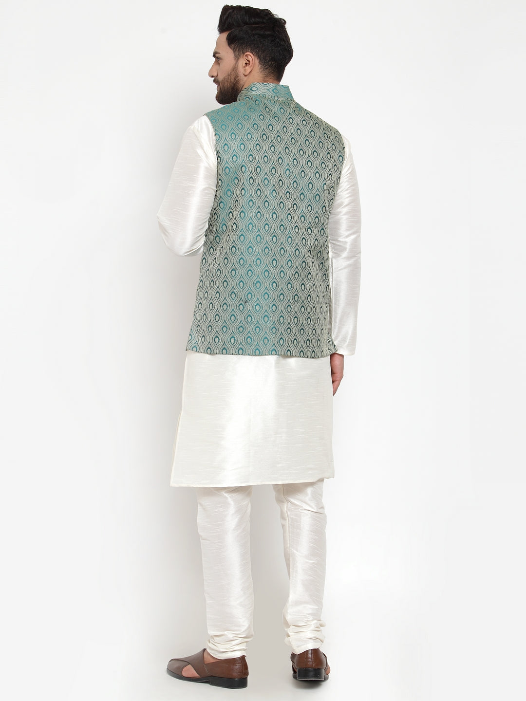 Jompers Men Solid Dupion Kurta Pajama with Woven Jacquard Waistcoat (Green) | Grocsy