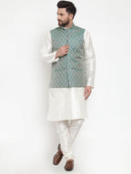 Jompers Men Solid Dupion Kurta Pajama with Woven Jacquard Waistcoat (Green) | Grocsy