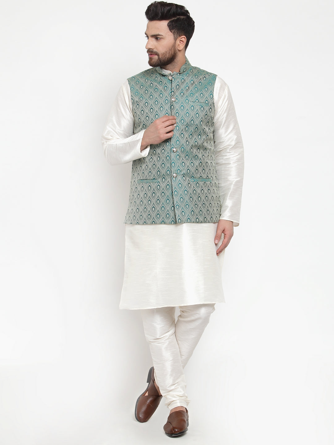 Jompers Men Solid Dupion Kurta Pajama with Woven Jacquard Waistcoat (Green) | Grocsy