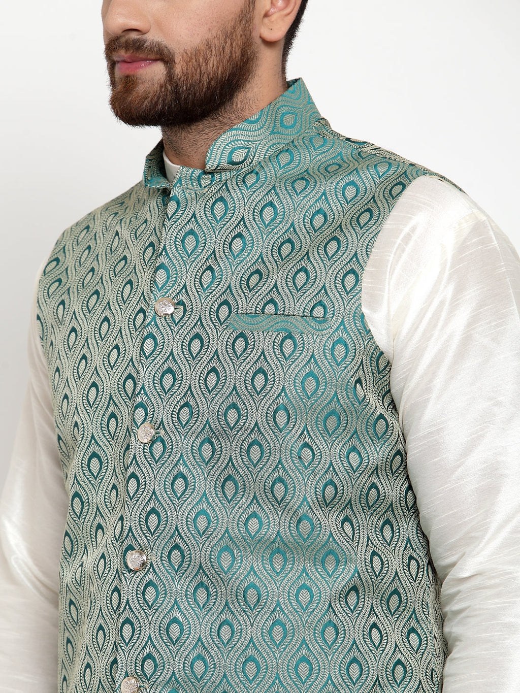 Jompers Men Solid Dupion Kurta Pajama with Woven Jacquard Waistcoat (Green) | Grocsy