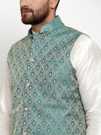 Jompers Men Solid Dupion Kurta Pajama with Woven Jacquard Waistcoat (Green) | Grocsy