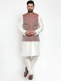 Jompers Men's Solid Dupion Kurta Pajama with Woven Jacquard Maroon Waistcoat | Grocsy