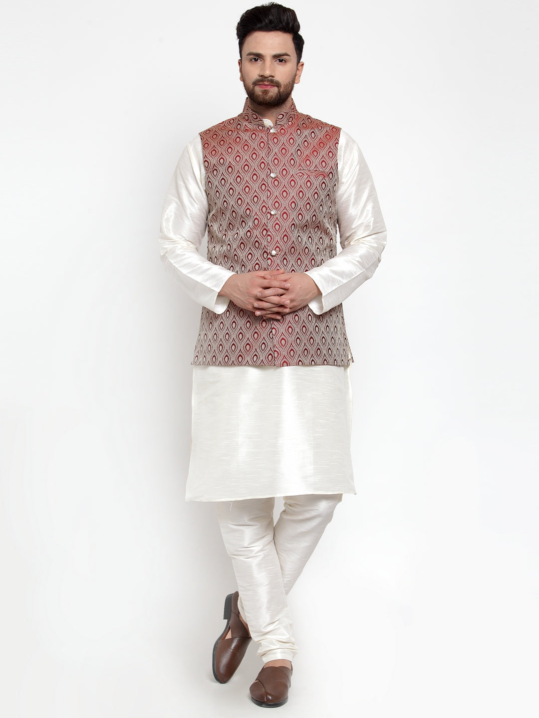 Jompers Men's Solid Dupion Kurta Pajama with Woven Jacquard Maroon Waistcoat | Grocsy