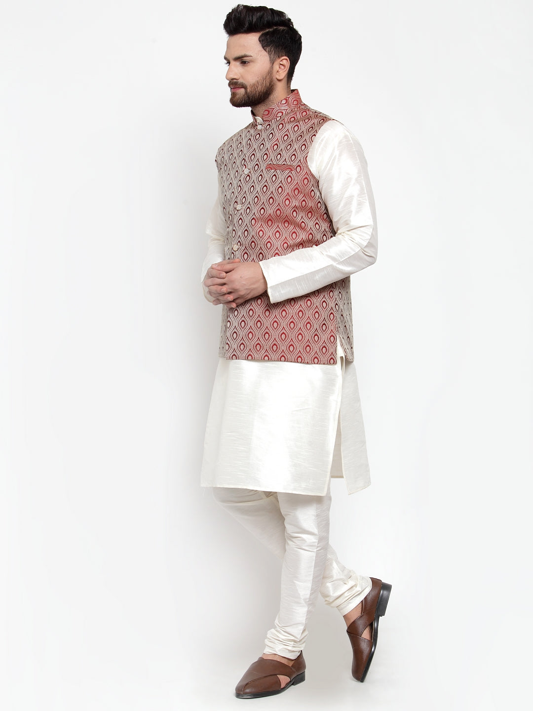 Jompers Men's Solid Dupion Kurta Pajama with Woven Jacquard Maroon Waistcoat | Grocsy