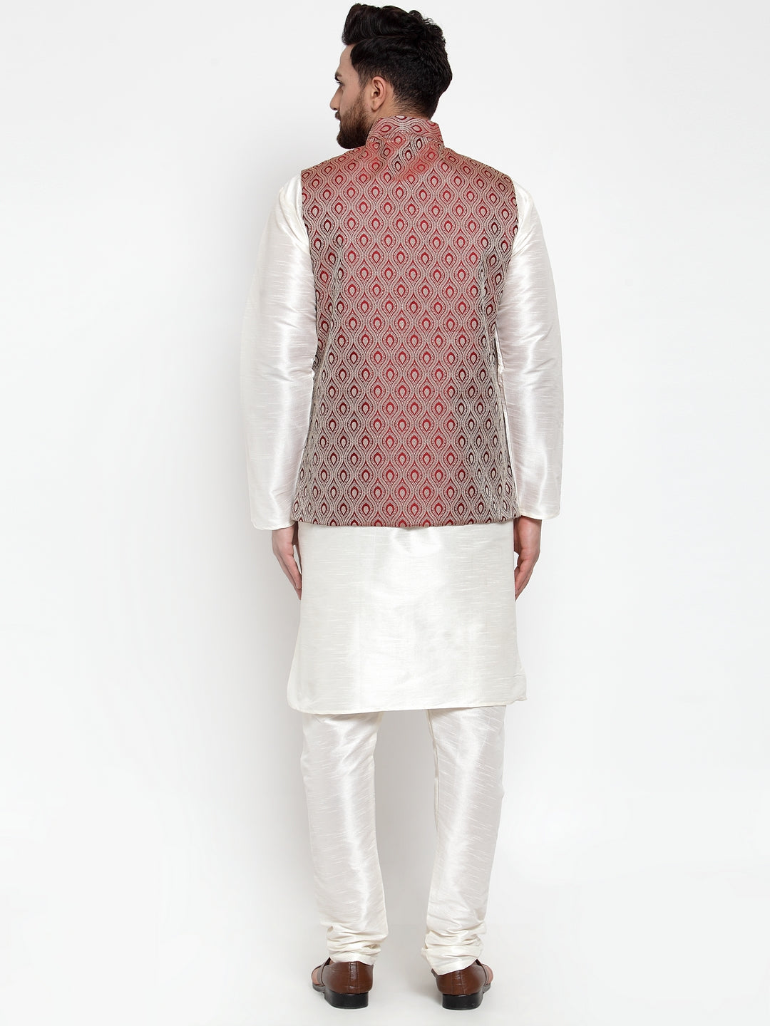 Jompers Men's Solid Dupion Kurta Pajama with Woven Jacquard Maroon Waistcoat | Grocsy
