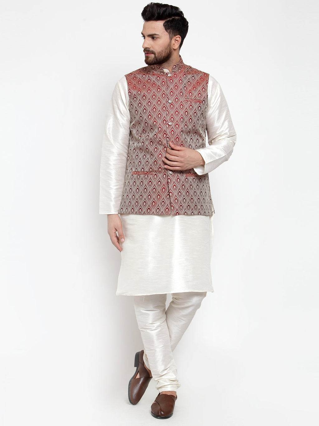 Jompers Men's Solid Dupion Kurta Pajama with Woven Jacquard Maroon Waistcoat | Grocsy