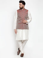 Jompers Men's Solid Dupion Kurta Pajama with Woven Jacquard Maroon Waistcoat | Grocsy