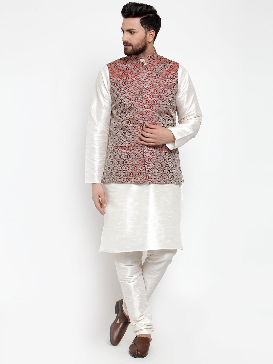 Jompers Men's Solid Dupion Kurta Pajama with Woven Jacquard Maroon Waistcoat | Grocsy