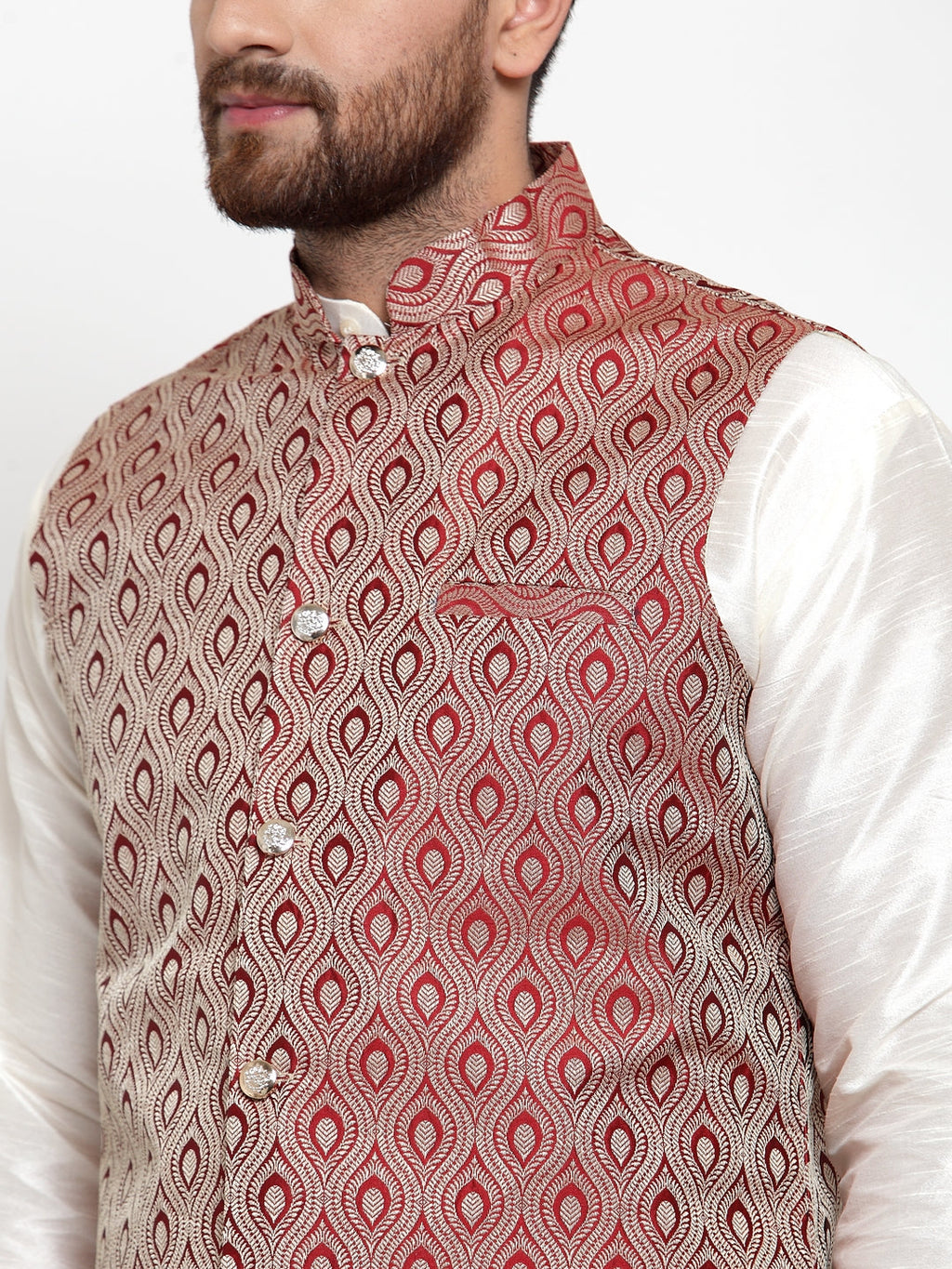 Jompers Men's Solid Dupion Kurta Pajama with Woven Jacquard Maroon Waistcoat | Grocsy