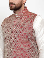 Jompers Men's Solid Dupion Kurta Pajama with Woven Jacquard Maroon Waistcoat | Grocsy