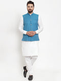 Jompers Men's Solid Cotton Kurta Pajama with Woven Jacquard Waistcoat (Green) | Grocsy