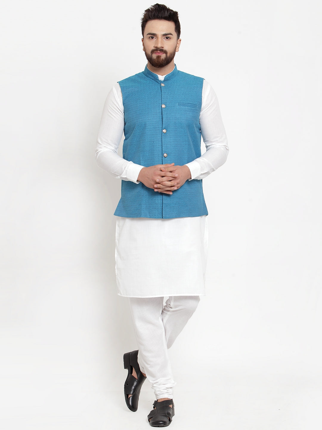 Jompers Men's Solid Cotton Kurta Pajama with Woven Jacquard Waistcoat (Green) | Grocsy