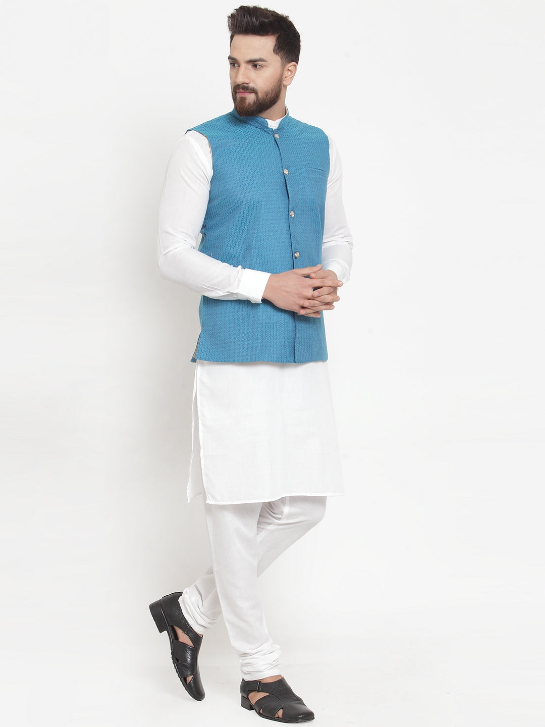 Jompers Men's Solid Cotton Kurta Pajama with Woven Jacquard Waistcoat (Green) | Grocsy