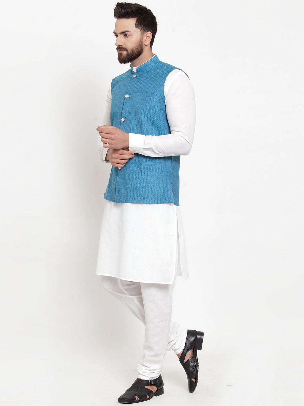 Jompers Men's Solid Cotton Kurta Pajama with Woven Jacquard Waistcoat (Green) | Grocsy