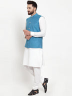 Jompers Men's Solid Cotton Kurta Pajama with Woven Jacquard Waistcoat (Green) | Grocsy