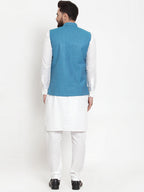 Jompers Men's Solid Cotton Kurta Pajama with Woven Jacquard Waistcoat (Green) | Grocsy