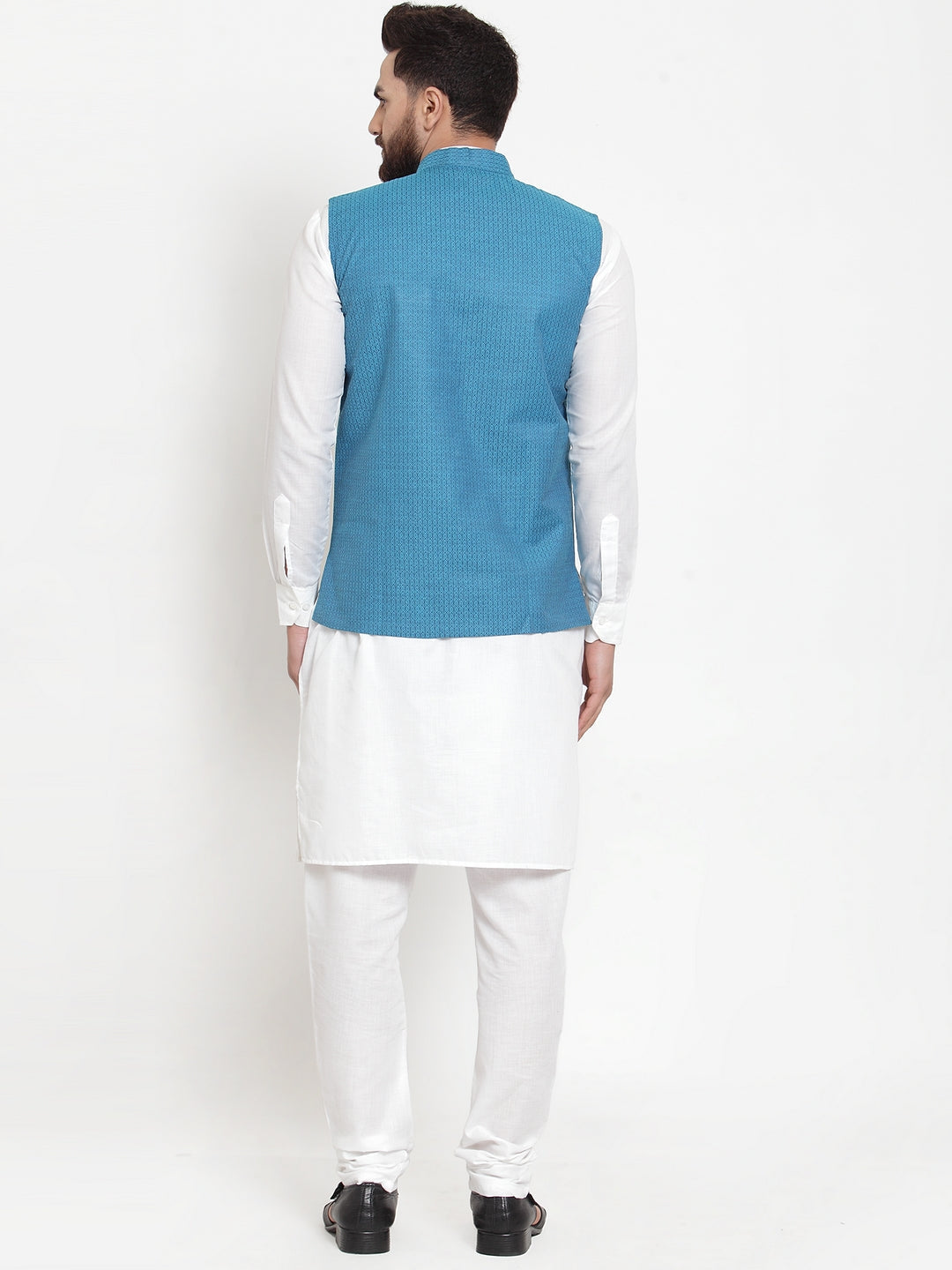 Jompers Men's Solid Cotton Kurta Pajama with Woven Jacquard Waistcoat (Green) | Grocsy