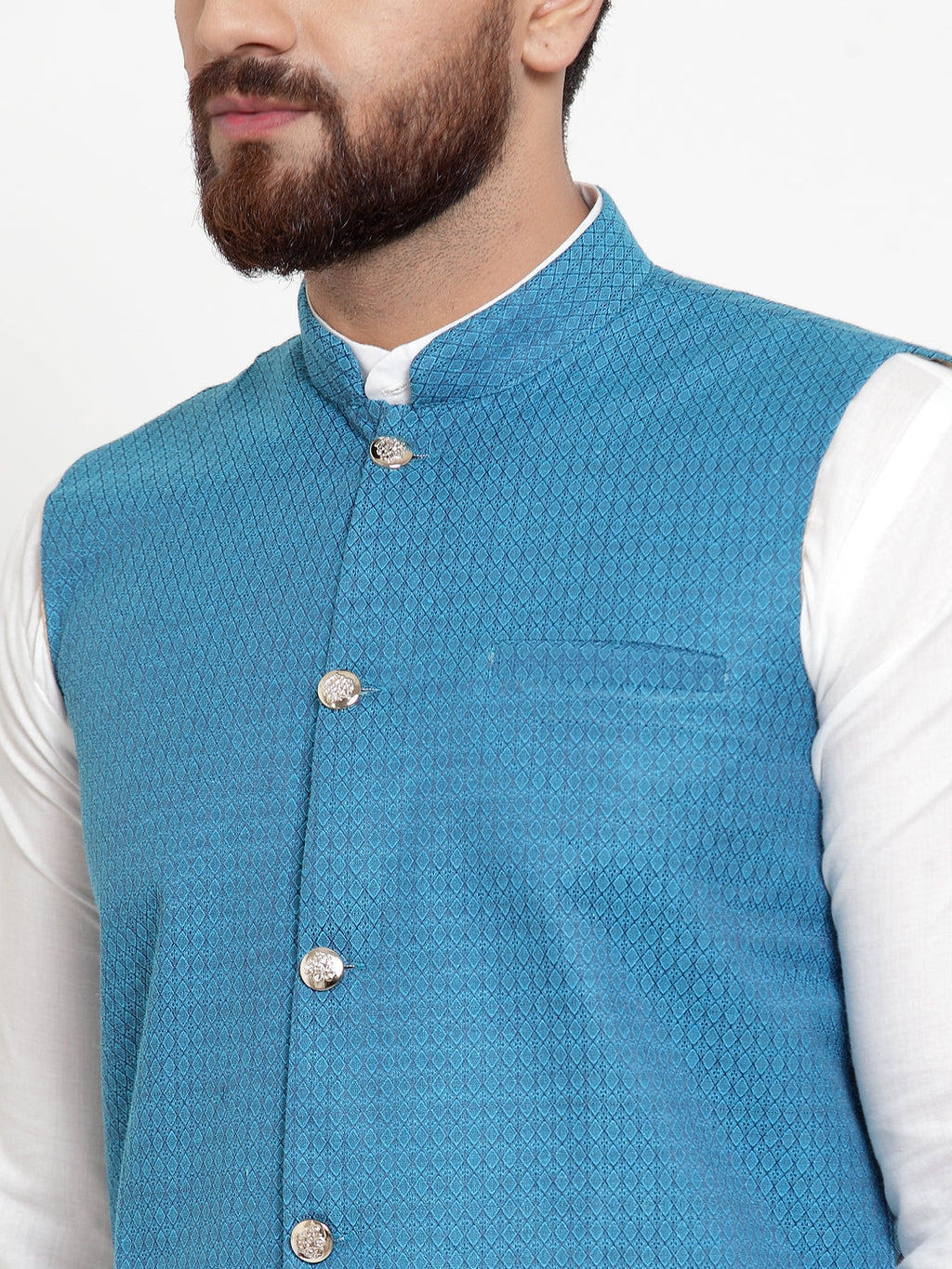 Jompers Men's Solid Cotton Kurta Pajama with Woven Jacquard Waistcoat (Green) | Grocsy