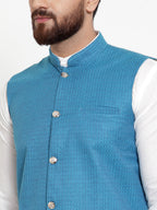Jompers Men's Solid Cotton Kurta Pajama with Woven Jacquard Waistcoat (Green) | Grocsy