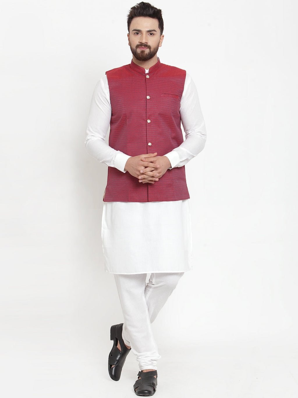 Jompers Men's Solid Cotton Kurta Pajama with Woven Jacquard Waistcoat (Maroon) | Grocsy
