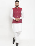 Jompers Men's Solid Cotton Kurta Pajama with Woven Jacquard Waistcoat (Maroon) | Grocsy