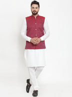 Jompers Men's Solid Cotton Kurta Pajama with Woven Jacquard Waistcoat (Maroon) | Grocsy