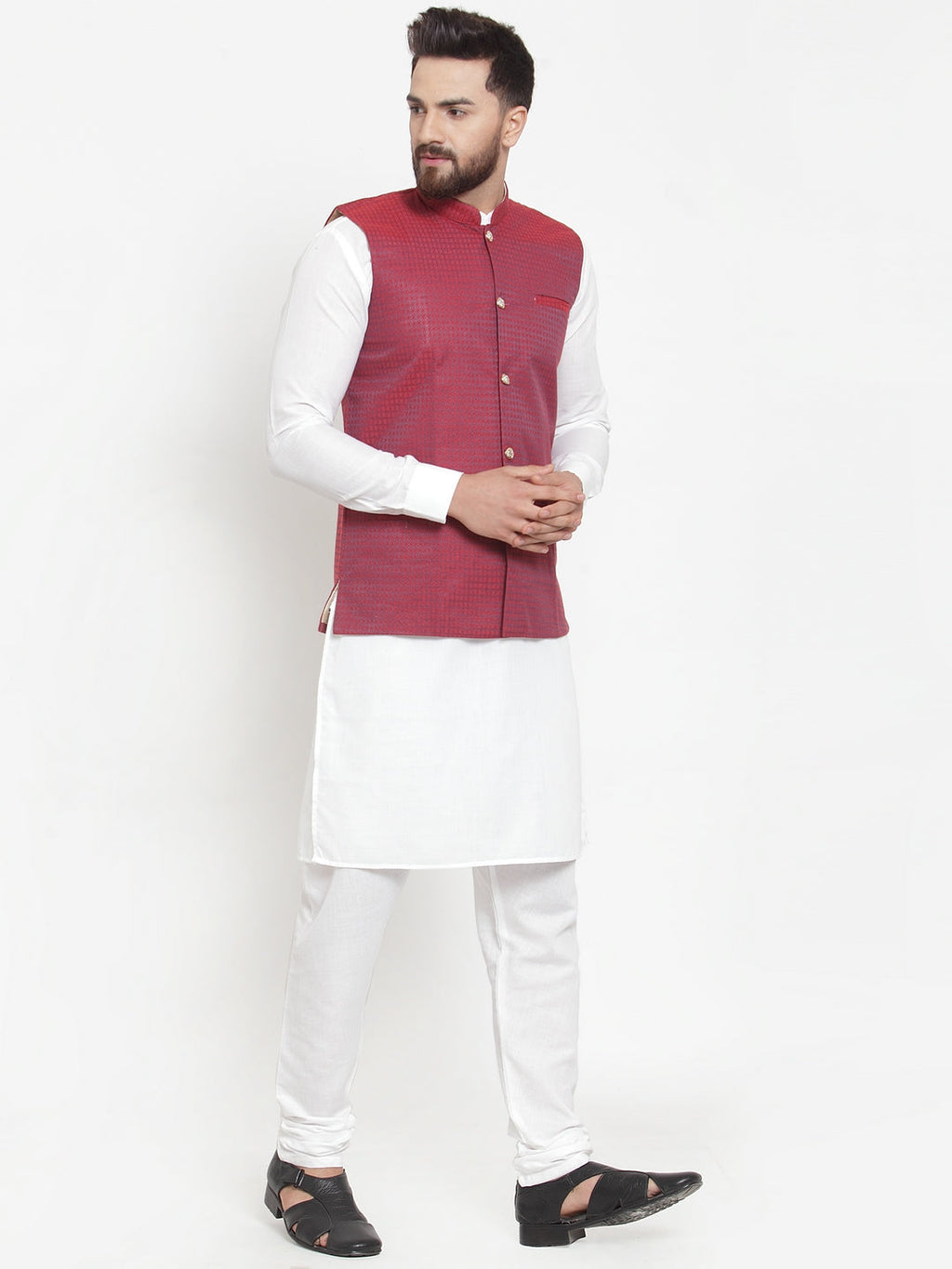 Jompers Men's Solid Cotton Kurta Pajama with Woven Jacquard Waistcoat (Maroon) | Grocsy