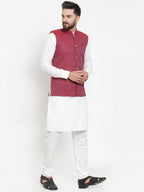 Jompers Men's Solid Cotton Kurta Pajama with Woven Jacquard Waistcoat (Maroon) | Grocsy