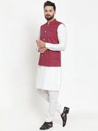 Jompers Men's Solid Cotton Kurta Pajama with Woven Jacquard Waistcoat (Maroon) | Grocsy