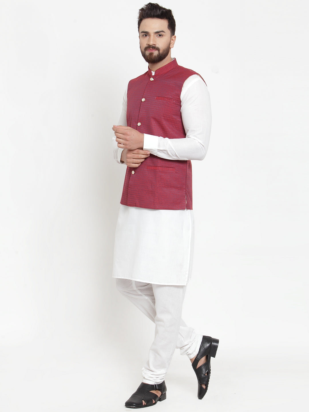 Jompers Men's Solid Cotton Kurta Pajama with Woven Jacquard Waistcoat (Maroon) | Grocsy
