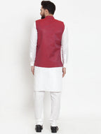 Jompers Men's Solid Cotton Kurta Pajama with Woven Jacquard Waistcoat (Maroon) | Grocsy