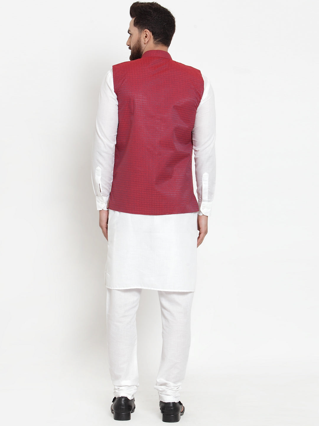 Jompers Men's Solid Cotton Kurta Pajama with Woven Jacquard Waistcoat (Maroon) | Grocsy